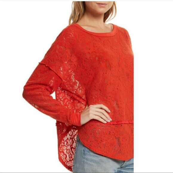 FREE PEOPLE | Not Cold Eyelet Oversized Orange Red Sweater Women’s Size Small - Picture 1 of 14